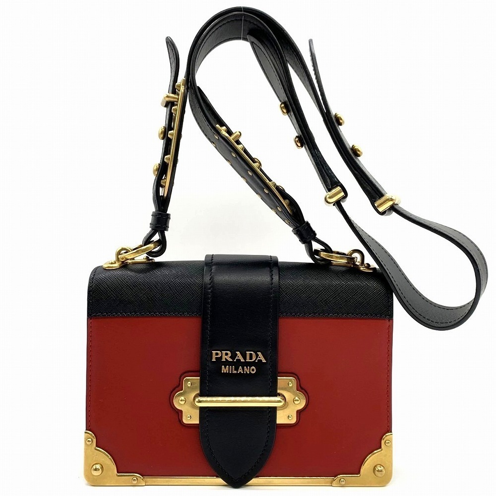 PRADA Cahier Crossbody Shoulder Bag Saffiano Leather Red Black Gold